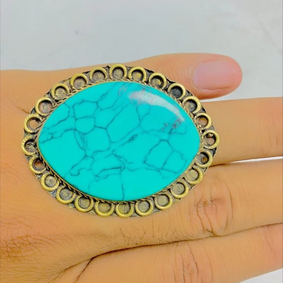 Massive Turquoise Stone Ring, Handmade Vintage Ring, Ethnic Ring, Kuchi Boho - Picture 4 of 6